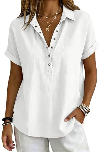 Chemisier Femme Été Col en V Coton et Lin Henley Chemise Manche Courte Boutonné Basique Bureau Travail Haut Respirant Plage Loisirs Tops Mode Randonnée Blouses