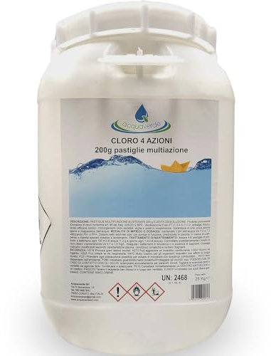 acquaverde | Cloro 4 AZIONI in Pastiglie da 200 grammi - 25 kg di Multiazione per Piscina, Trattamento Multifunzione: Clorante, Antialghe, Stabilizzante del Ph e Flocculante per Acqua di Piscine