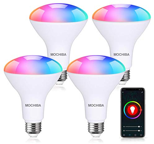 Mochiba Smart WiFi LED Light Bulbs, Compatible with Alexa and Google Home Assistant, Music Sync Multi Color Changing Bulb, BR30 E26 10W 1000LM (80W Equivalent), 4-Pack, White, (MKBR)