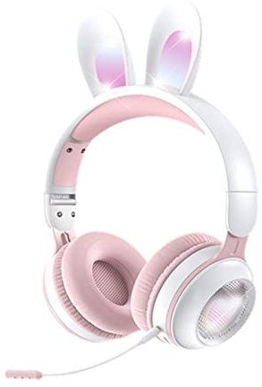 Barnhörlurar, Bluetooth 5.0-hörlurar med Kaninöra, Over Ear LED-ljus Hopfällbart Trådlöst Headset, Stöd TF/AUX, Presenter Till Barn, Småbarn, Tonåringar(Vitt pulver)