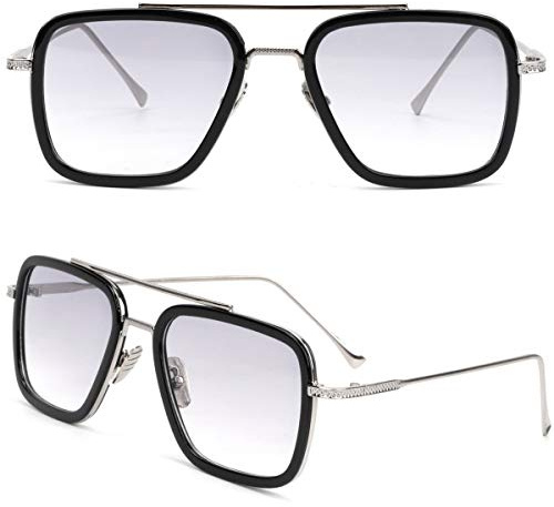 Gafas de sol retro vintage Tony Stark, marco de metal cuadrado para hombres y mujeres, marco clásico de aleación, Marco plateado y lente gris claro, Talla única
