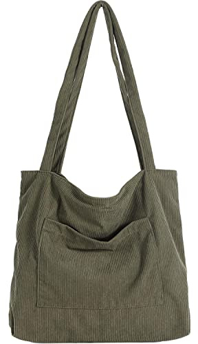 WantGor Women Corduroy Tote Bag, Large Shoulder Hobo Bags Casual Handbags Big Capacity Shopping Work Bag (Army Green)