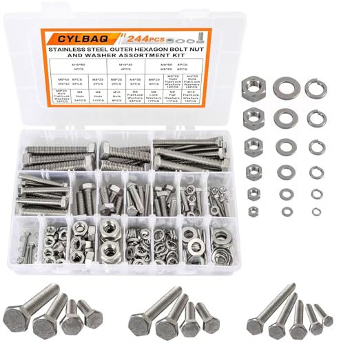 Hex Bolts and Nuts Set, CYLBAQ M3 M4 M5 M6 M8 M10 Nut and Bolt Assortment Kit, 244PCS 304 Stainless Steel Outer Hexagon Bolts Machine Screws and Nuts and Flat Washers & Lock Washers