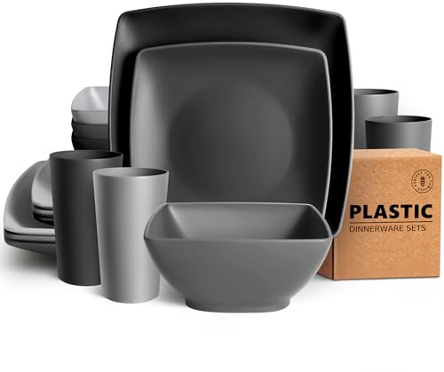 Teivio 16-Piece Kitchen Plastic Square Dinner Set, Service for 4, Dinner Plates, Dessert Plates, Bowls, Cups, Unbreakable Plastic Plates and Bowls Set, Outdoor Camping Dishes, Gray Ombre