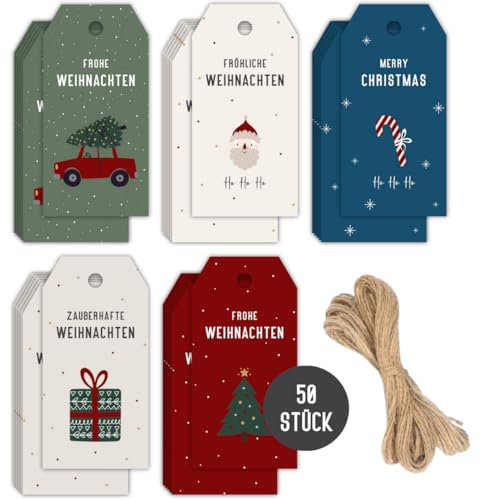 Weihnachten Geschenk Anhänger 50 Stück | Geschenkanhänger Frohe Weihnachten | Merry Xmas Weihnachtsanhänger mit 10m Schnur zum Befestigen (Bunt)