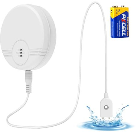 Erdiegle Detector de Fugas de Agua, 135dB Alarma Sensor de Agua Detector de Inundaciones para Sótanos, Baños, Lavaderos, Cocinas, Garajes y Áticos(6F22/9V Baterías Incluidas) (1 Pack)