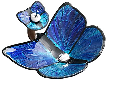 Gerrit Bathrooms Basin Bathroom Sink Set Tempered Glass Washbasin Hotel Bathroom Art Basin Butterfly-Shaped Personalized Countertop Sink with Waterfall Faucet Bathroom Sink