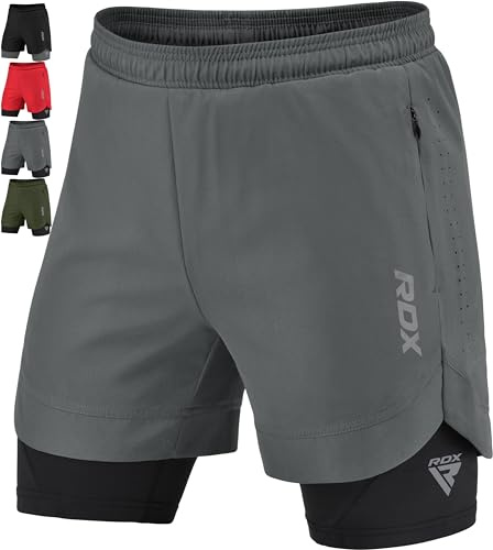 RDX Men’s Running Shorts, 2 in 1 Athletic Breathable Short Compression Liner, 2 Zipper and 2 Phone Pockets, Lightweight Grey