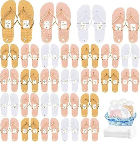 MSYU 24 Pairs Flip Flops Bulk for Wedding Party Guest Sandals Pack Hotel Guest Spa Slippers Casual Slippers with Assorted Size Card Sign and Drawstring Bag (White, Rose Gold, Gold)