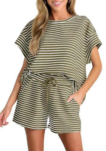 Tankaneo Set lounge da donna a righe a maniche corte e pantaloncini con coulisse, verde militare, XS