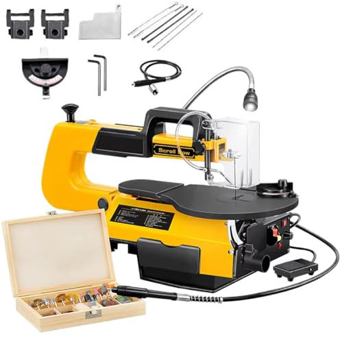 Sega a scorrimento per lavorazione del legno con scudo trasparente, cassetta degli attrezzi, velocità regolabile e tavolo, include luce da lavoro per taglio di precisione