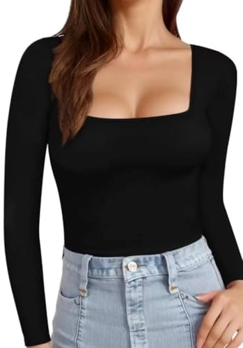 SASSY STYLE Womens Ladies Long Sleeve Square Neck Plain T-Shirt Top UK 8-26 (Black, 10)