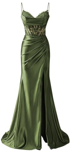 Abiti da damigella d'onore con spalline sottili appliques in pizzo abiti da ballo con fessura formale da sera party maxi abito AH171, Verde oliva, 40