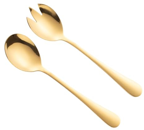 ABOOFAN 2 piezas Cucharas de Servir y Tenedores de Ensalada Inoxidable para Frutas y Ensaladas Diseño Doble Función Color Dorado Utensilios Duraderos para Cocina y