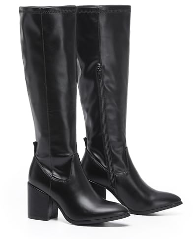 VIVASHOES Women’s Knee High Heeled Boots – Faux Suede Long Boots with Chunky Heel & Side and Pull On Tab – Stylish Tall Winter Booties for Autumn & Winter Outfits