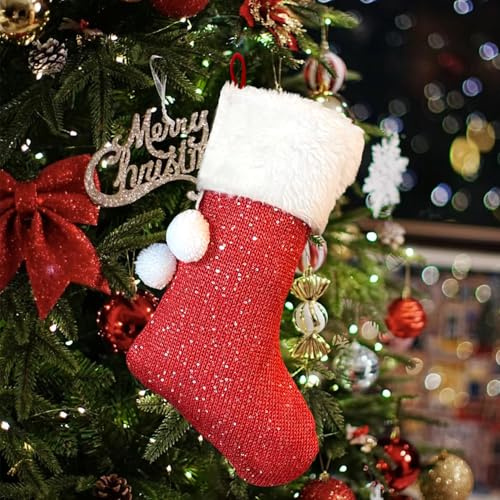 Mauts Large Christmas Stockings Knitted Christmas Stocking Red Knit Stocking Candy Gift Bags with Pompom for Family Christmas Holiday Decoration（ 1 PCS ）