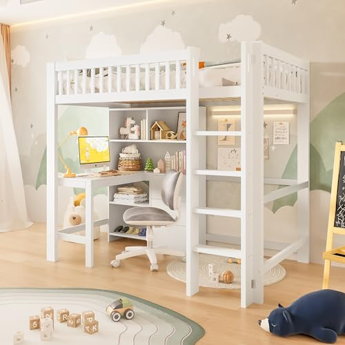 LAKFEW Cama Alta 90x200 cm Litera con Escritorio y 3 Cajones, Cama Infantil Camas Altas con Estante Almacenamiento y Escalera, Camas Infantiles Tren con Protección Anticaída, Blanco, Sin Colchón