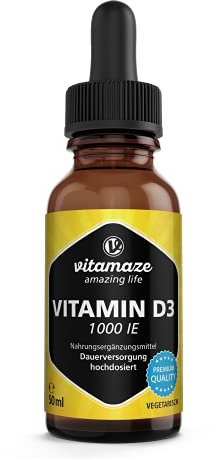 Vitamina D3 Gocce 1000 UI, 50 ml (1750 Gocce) Alto Dosaggio, Colecalciferolo Vegetariano, Alta Biodisponibilità, Qualità Tedesca, Naturale Pura Integratore senza Additivi non Necessari, Vitamaze®