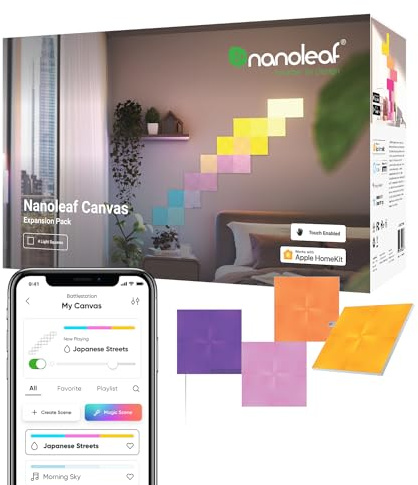 Nanoleaf Canvas Erweiterungspack, 4 zusätzliche LED Lichtquadrate - Smarte Modulare WLAN LED RGBW Panels, 16 Mio. Farben Wandleuchte Innen, Musik & Bildschirm Sync, Funktioniert mit Alexa
