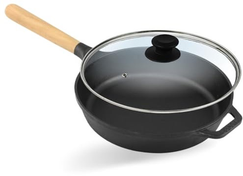 4BIG.fun Gusseisen Pfanne Ø 26 cm mit Glasdeckel BRIZOLL Schmorpfanne Bratpfanne mit Griff abschraubbar Höhe 5,5 cm Gußeisenpfanne alle Herdarten Pfanne aus Gusseisen Induktion