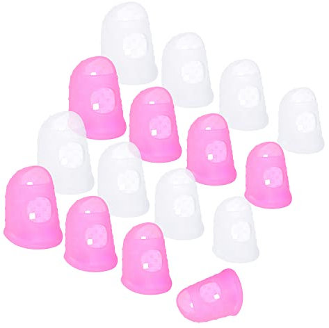 Wisdompro Fingerlinge Silikon 16 Stück, Fingerschutz Rutschfest und Wiederverwendbar, Fingerkuppenschutz zum Gitarrespielen, Nähen, Handwerk, Papierkram, Zählen (Rosa Durchscheinend)