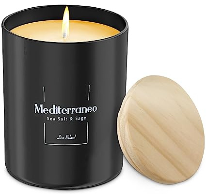 Premium Sea Salt & Sage Scented Candles (Mediterraneo), Natural Soy Candles Gifts for Women & Men, Hand Poured, Long Lasting Aromatherapy Essential Oil Candle, 227g, 45 Hour Burn Time