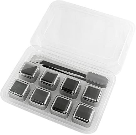 YAOTROOP 8PCS Stainless Steel Whisky Stones Ice Cubes with Silicone Clip Bar Barware Sets Quick Freeze Ice Stones Reusable Chilling Rocks for Whiskey Wine Gin Tonic Drinks