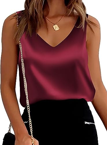 Mawor Satin Tank Tops for Women, Loose Fit, Sleeveless, V-Neck, Camisole Blouses, Shirt Top, L