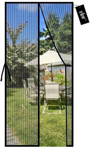 YRH Magnetic Fly Screen Door with Stay Open Buckles - Heavy Duty Self-Sealing Mesh, No Drill Installation,Powerful Magnets,Full Frame Magic Tape (90x200 cm, Black)