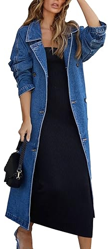 MJFCS YAENH Women's Vintage Notched Collar Double Breasted Plus Size Loose Over Knee Denim Jacket Trench Coat with Belt
