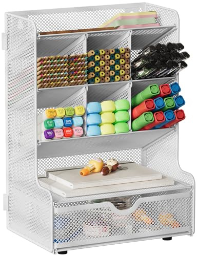 EasyPAG 9 Fächer Metall Zusammensetzen Schreibtisch Organizer Stiftehalter Stiftköcher Vielseitig Utensilienschalen Büro Organisation Zubehör Ablage mit Schublade,Weiß