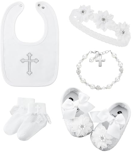 Bunnycool 5 Pcs Baptism Bib for Baby Girl white Christening Sock Shoes Headband Cross Charm Bracelet Baptism Outfits Gift(6-12 Month)