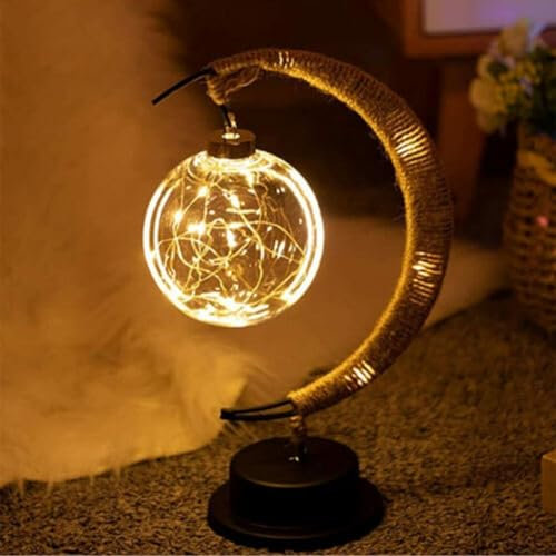 Lámpara lunar encantada 3D, lámpara de noche en forma de luna, bombilla de ratán alimentada por pilas y cadena de luces LED, luces nocturnas colgantes de galaxia para cumpleaños, bodas y regalos (luz