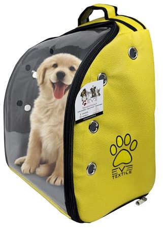 EVE Textile Hunderucksack | Katzenrucksack | Hundetasche | Katzentasche | Hunde Wanderrucksack | Katzen Wanderrucksack | Kunstleder | Atmungsaktiver Rucksack | 45x35x26 cm (Gelb)