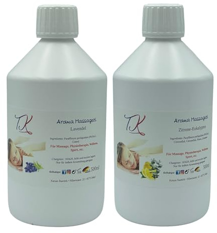 Aroma massageolja set-12 (2 x 500 ml) för massage, fysioterapi, wellness, sport etc. i farmakvalitet (1 000 ml, lavendel och citroneukalyptus)