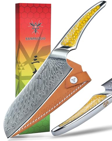 SANMUZUO Santoku-kniv, 18 cm japansk Damaskus VG-10 kock kniv ultravass kökskniv med fullt fiskbenshandtag i gult harts LA-S9-serien