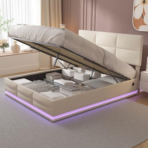 Doppelbett Polsterbett 140x200, LED Hydraulisch Stauraumbett Funktionsbett mit Großer Stauraum&Aufladen USB, Bett Jugendbett Bettgestell mit Verstellbares Kopfteil&Lattenrost, Samt,Ohne Matratze,Beige