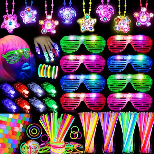 Knicklichter Mitgebsel Kindergeburtstag Gastgeschenke Leuchtstäbe LED Brille Halsketten Fingerlichter Neon Schwarzlicht 80s 90s Deko Disco Pinata Füllung Give Aways Mitbringsel Geburtstag 74Stk