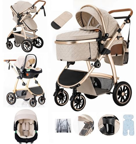 Lnhcrbs Cochecito Bebe 3 Piezas,Cochecito Bebe Cuenta Con Un Asa Ajustable En Altura y Un Asiento Para El Coche,Silla De Paseo 22 Kg También Con Mosquitera y Bolsa Para Mamá Para Bebés De 0 a 4 Años