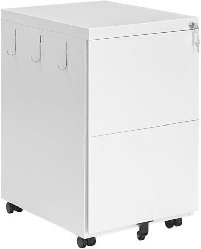 HOOBRO Rollcontainer mit 2 Schubladen, Mobiler Aktenschrank, Schreibtisch Unterschrank, Bürocontainer abschließbar mit 5 Rollen, 39 x 52 x 67 cm, für A4, Legal, Letter Akten, Weiß EWT12WJ01