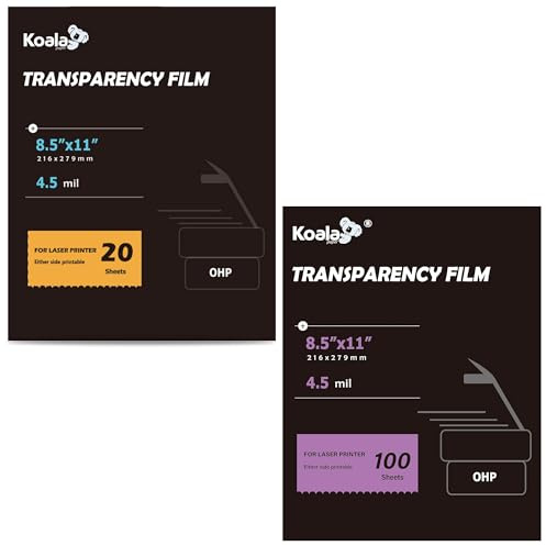 Koala Laser Transparency Film, 20 Packs and 100 Packs Transparent Paper for OHP, Clear Overhead Projector Film 8.5x11 inches for Double-sided Printing Photo Transparent Film Bundle