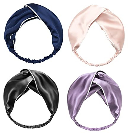 FRCOLOR Lot De 4 Bandeaux Croisés En Tissu Satiné, Larges Et Doux, Couleurs Assorties, Bandeaux De Sport Et Bain Pour Femmes, Maintien Cheveux Pour Maquillage, Sport Et Ménage