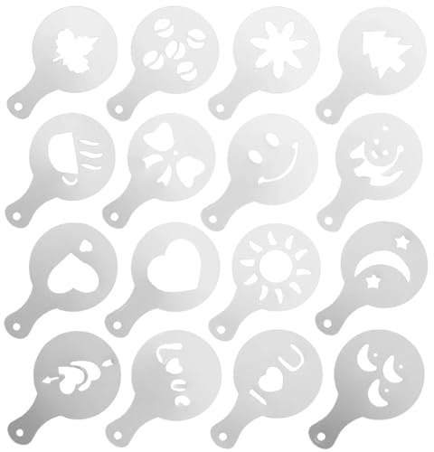 NINFEIQI 16Pcs Coffee Stencils, Cappuccino Arts Templates for Kitchen and Store, Foam Latte Art Barista Template for Decorating Oatmeal Cupcake Cake Cappuccino Hot Chocolate