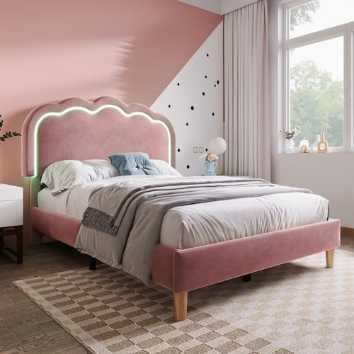 Lettino 90 x 190 con LED, letto imbottito 90 x 190 cm, con testiera regolabile, letto singolo, rete a doghe e schienale, struttura del letto in velluto rosa (senza materasso)