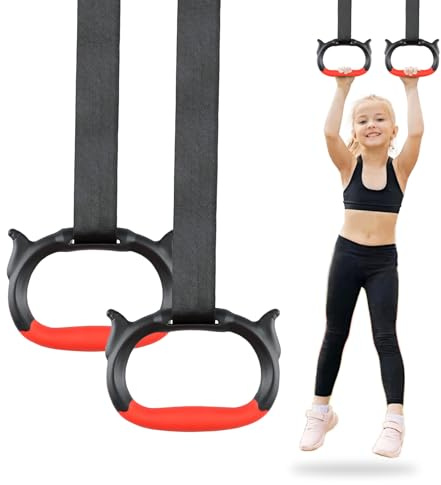 HaeNayc Gymnastics Rings, Children's Home Gym Equipment, Children's Adjustable Strap Strength Training Rings (Red)