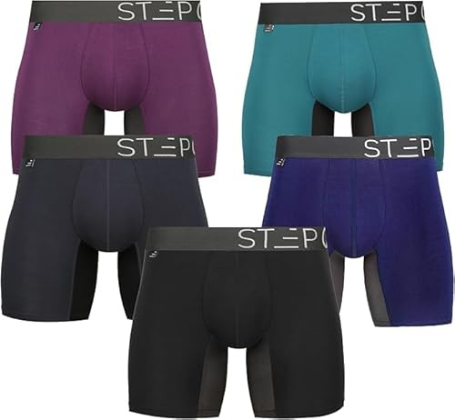 STEP ONE Bamboo Boxers Mens 5 Pack, Anti Chafing Underwear with 3D Pouch, Breathable Moisture Wicking Boxer Shorts for Men, No Ride Up Boxers for Sports & Daily Comfort - Medu
