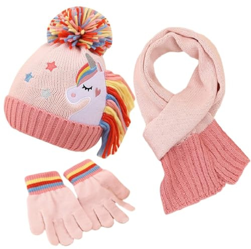 3 en 1 Ensemble Bonnet Écharpe Gants Enfant Filles Hiver Chaud Tricoté Chapeau avec Motif Licorne et Pompon, Enfant Hiver Accessoires Set pour Fille 3-6 ans (Rose clair)