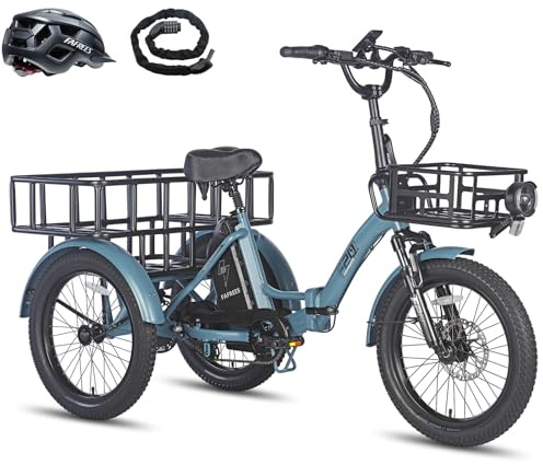 Fafrees F20 Mate E-Bike, 20 * 3.0 Inch Foldable Electric Tricycle for Adults, 48V/18.2Ah Removable Battery, Front Rack + Large Rear Rack, Electric Cargo Tricycle for Senior, Range 110KM (Blue)