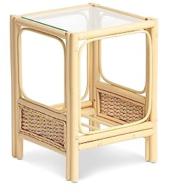 Desser Chelsea Side Table with Storage Shelf – Glass Top Lamp Coffee Table with Natural Wicker Rattan Cane Frame – Luxury Indoor Conservatory or Living Room Furniture – H58cm x W40cm x D40cm