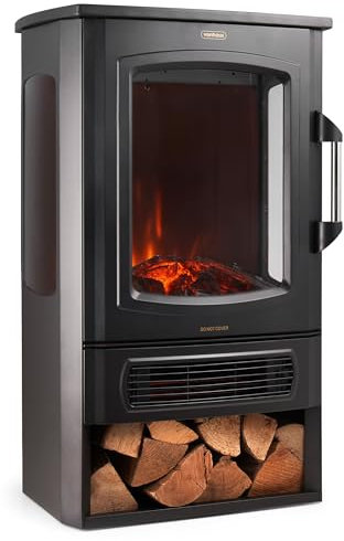 VonHaus Panoramic Stove Heater with Log Storage – 3-Sided Electric Fireplace with LED Flame Effect – 2000W – Freestanding and Portable w/Overheat Protection – 2 Heat Settings